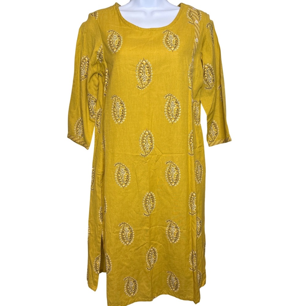 Dhani by Avaasa Yellow Paisley Print Midi Dress Kurta Size M Indian Festivities‎
